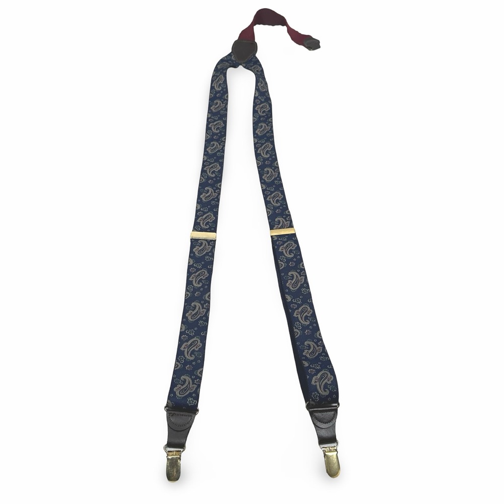 Pelican USA Mens Suspenders Navy Blue Paisley Y-Back Gold Tone Clip On Braces